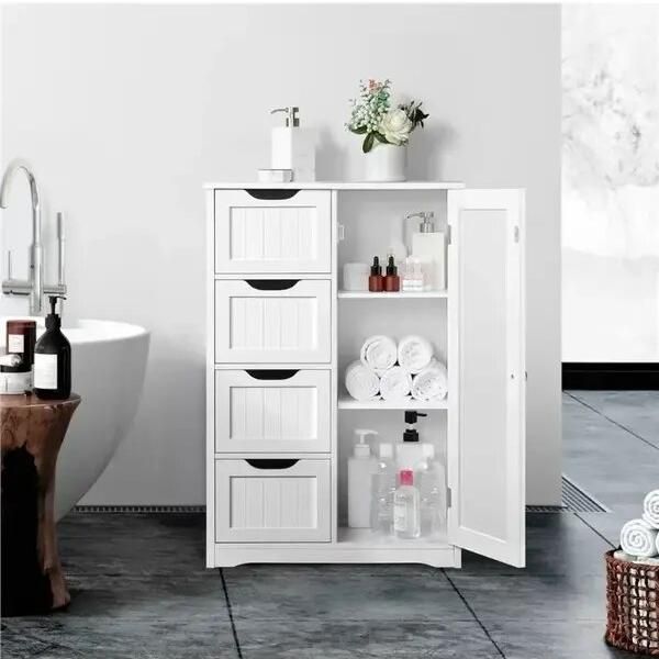 Elegant Wooden Bathroom Storage Cabinet with Drawers and Cupboard