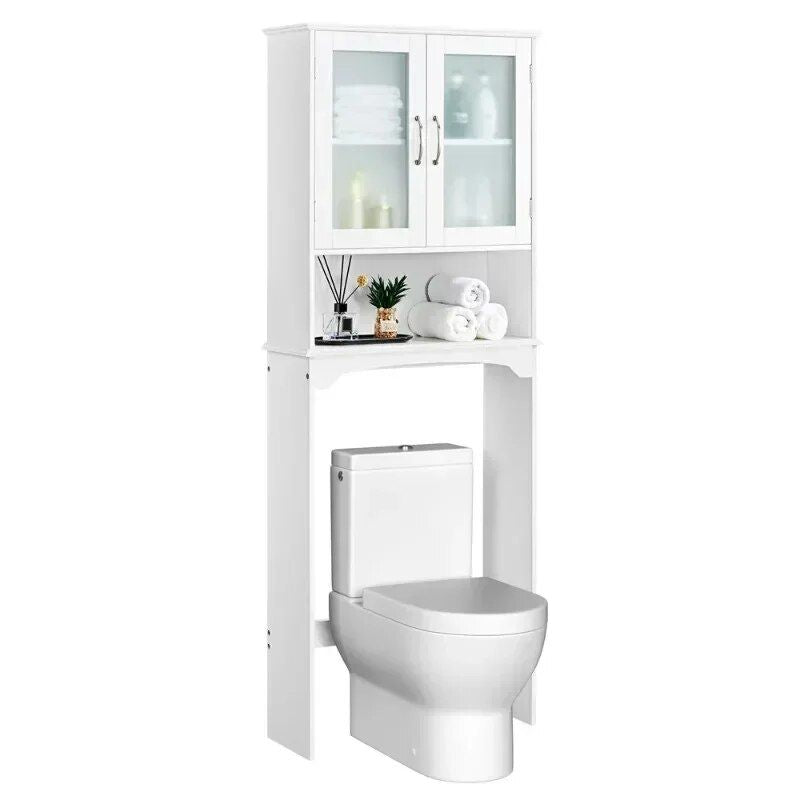 White Wooden Over-The-Toilet Storage Cabinet with Adjustable Shelf