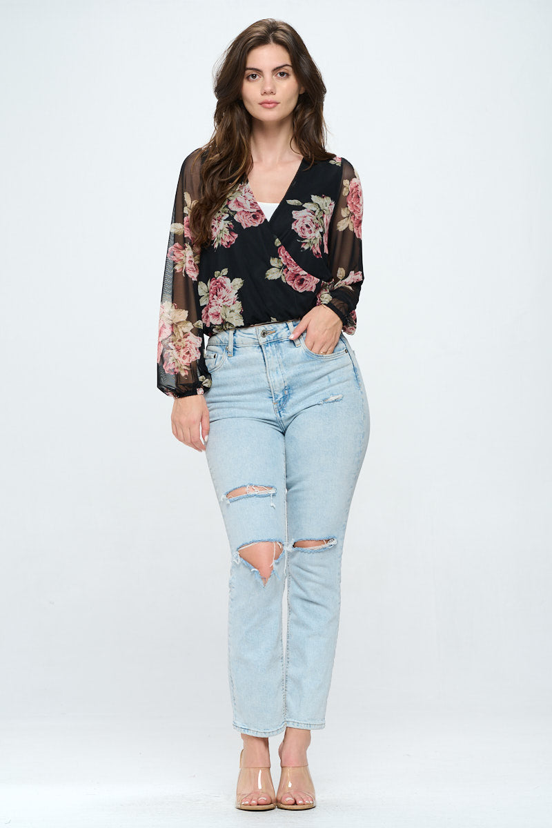 Floral mesh surplice blouse