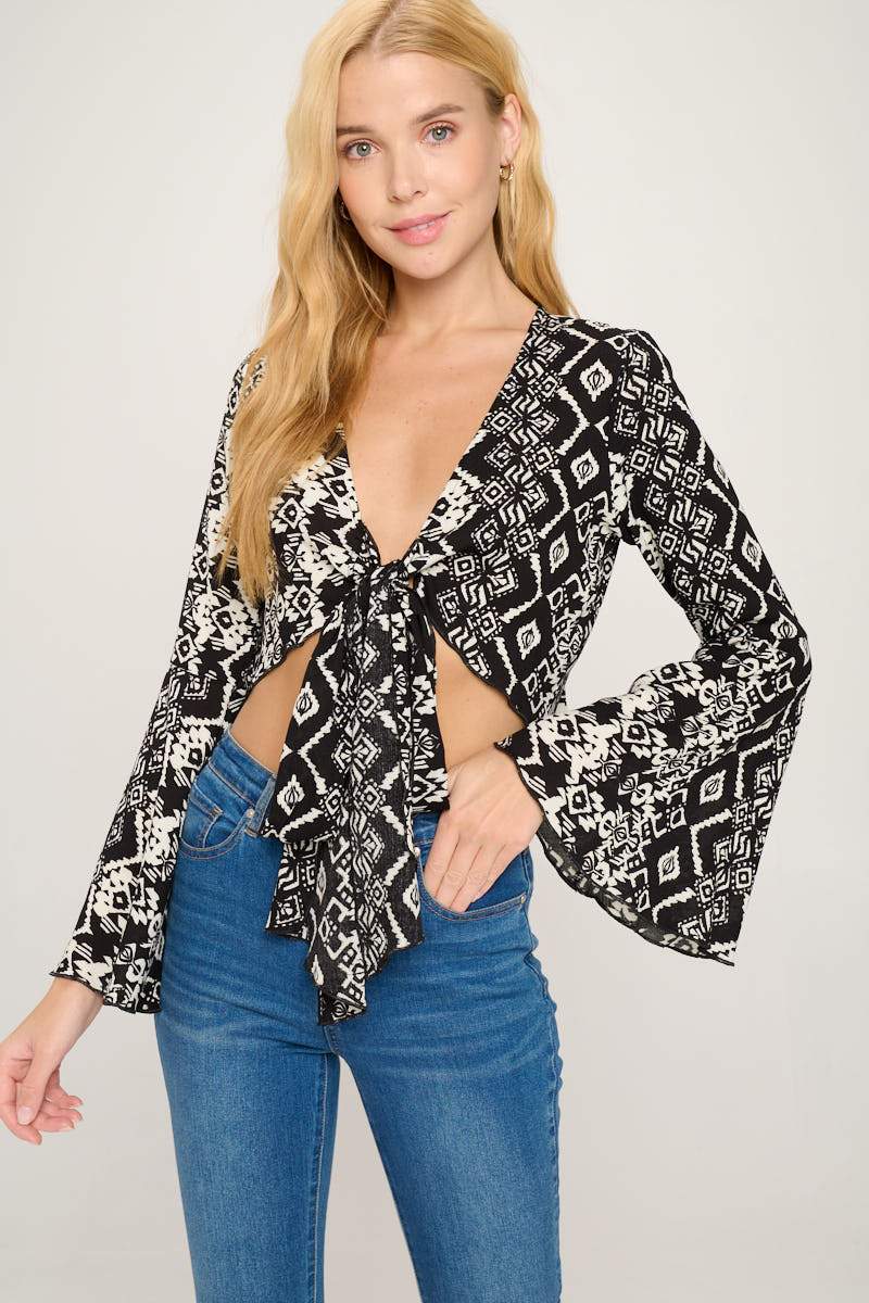 Tie Front Long Sleeve Crop Cardigan Ditsy Floral