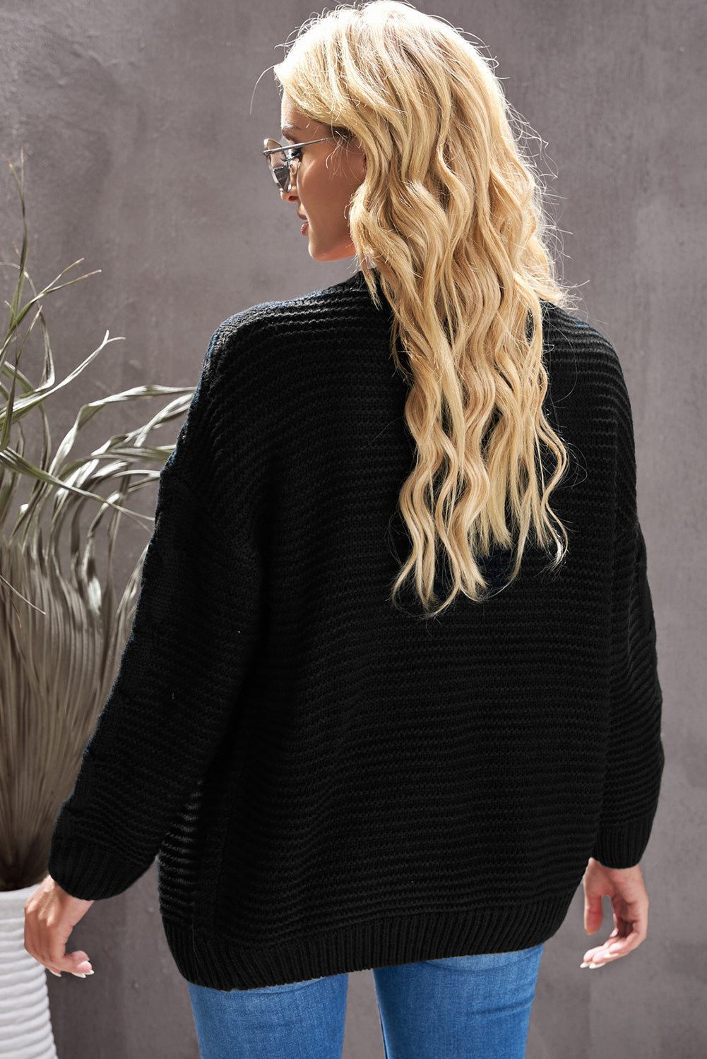 Dropped Shoulder Cable-Knit Open Front Cardigan