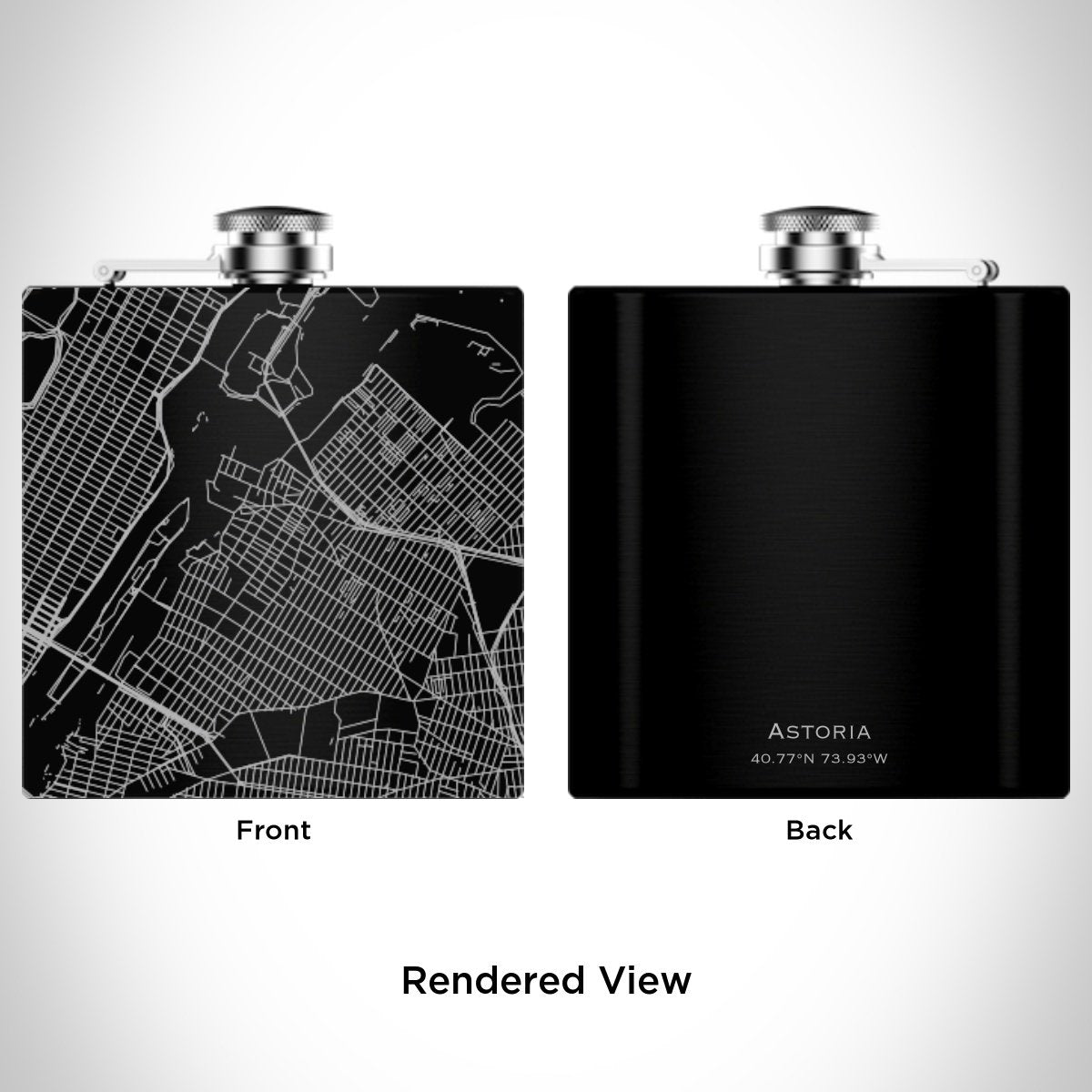 Astoria - New York Engraved Map Hip Flask in Matte Black