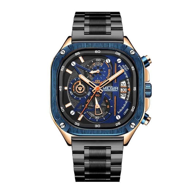 Waterproof Black Quartz Square Dial Men's Wristwatch with Chronograph & Luminous Hands