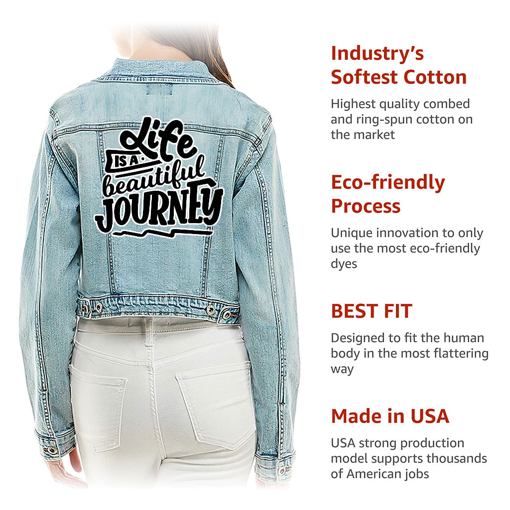 Life is Beautiful Cropped Ladies Denim Jacket - Inspirational Women's Denim Jacket - Cute Denim Jacket