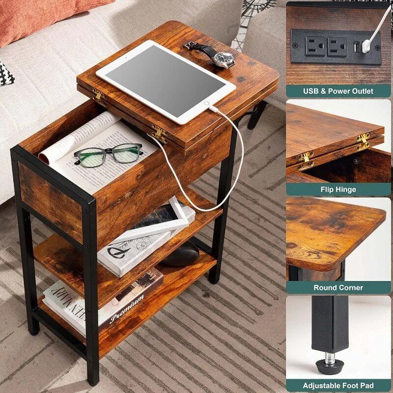 Multi-Functional End Table with Built-In Charging Station and Adjustable Height