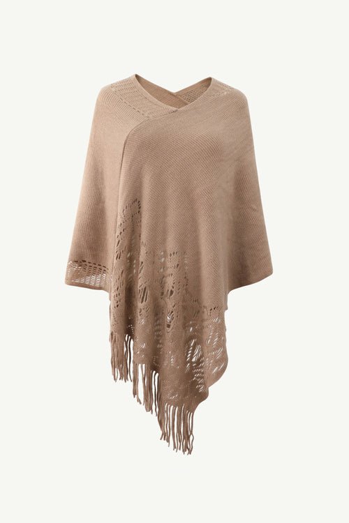 Openwork Fringe Hem V-Neck Poncho