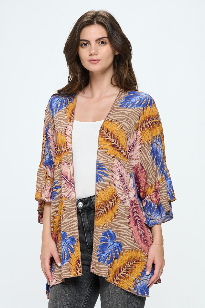 Ruffle sleeves loose fit kimono in tropical print