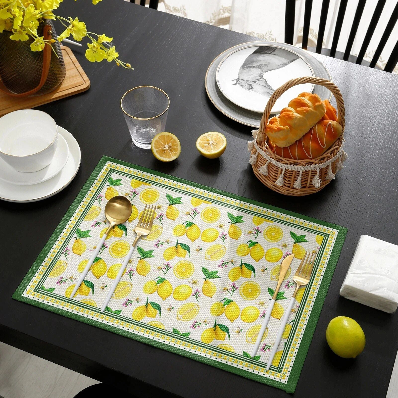 Charming Lemon Plaid Linen Placemat - Heat Resistant, Eco-Friendly Table Decor