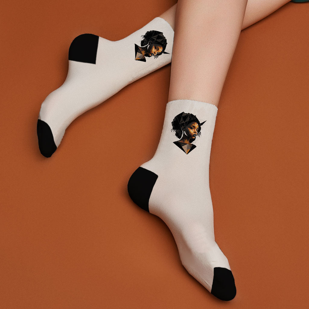 Cute Black Cartoon Girl Socks - Power Novelty Socks - Printed Crew Socks