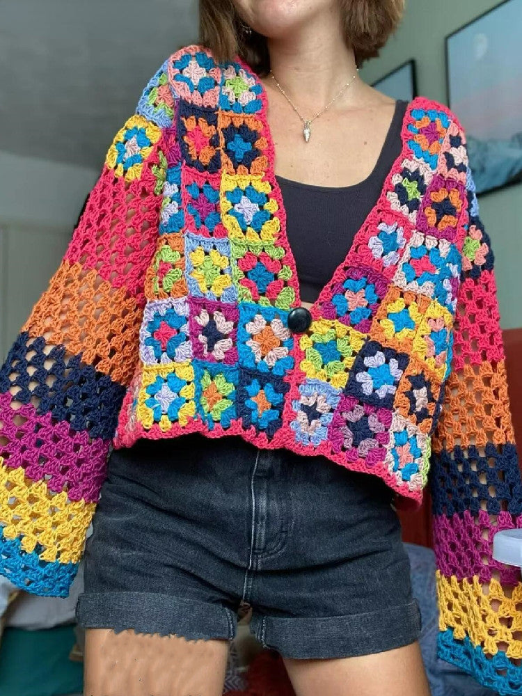 BOHO Plaid Flower Hand Made Crochet Cardigan