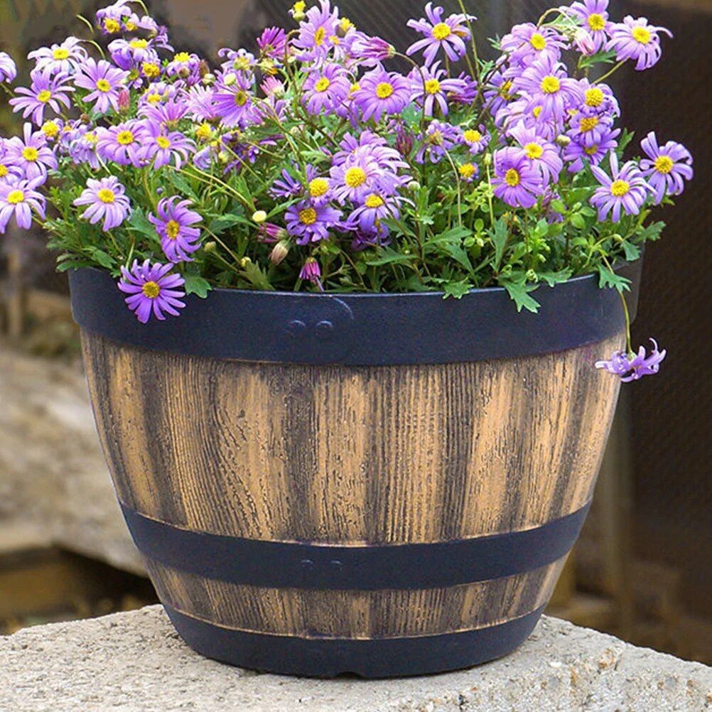 Rustic Faux Wooden Barrel Planter - Durable Plastic Bonsai & Succulent Pot, Retro Outdoor Imitation Planting Box