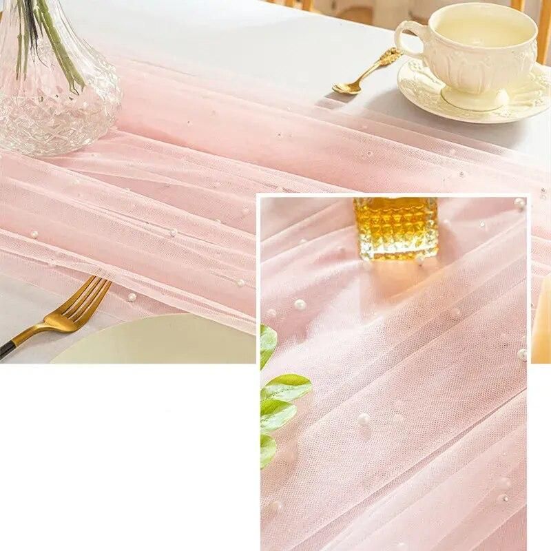 Elegant Pink Pearl Mesh 10FT Table Runner