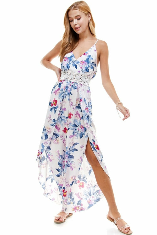 FLORAL & SOLID CROCHET TULIP LEG CAMI JUMPSUIT