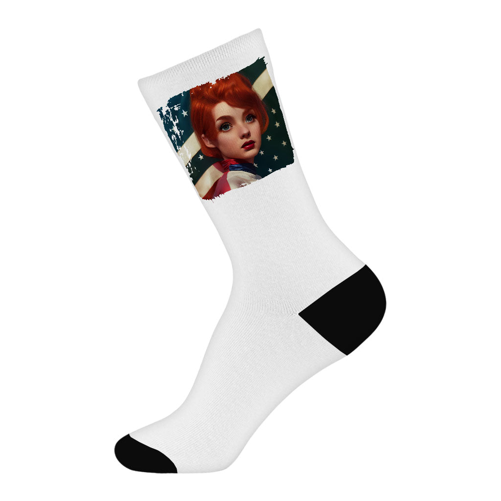 Girl Red Hair American Flag Socks - Art Novelty Socks - Cool Crew Socks