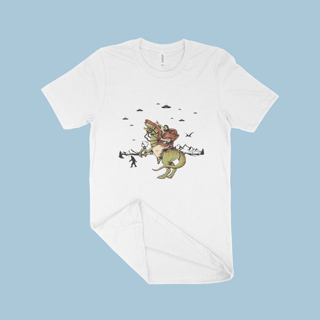 Jesus Riding Dinosaur T-Shirt Made in USA