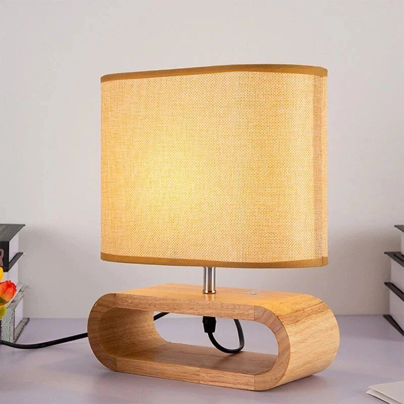 Contemporary Solid Wood & Fabric Table Lamp - LED Desk Lighting for Home & Office