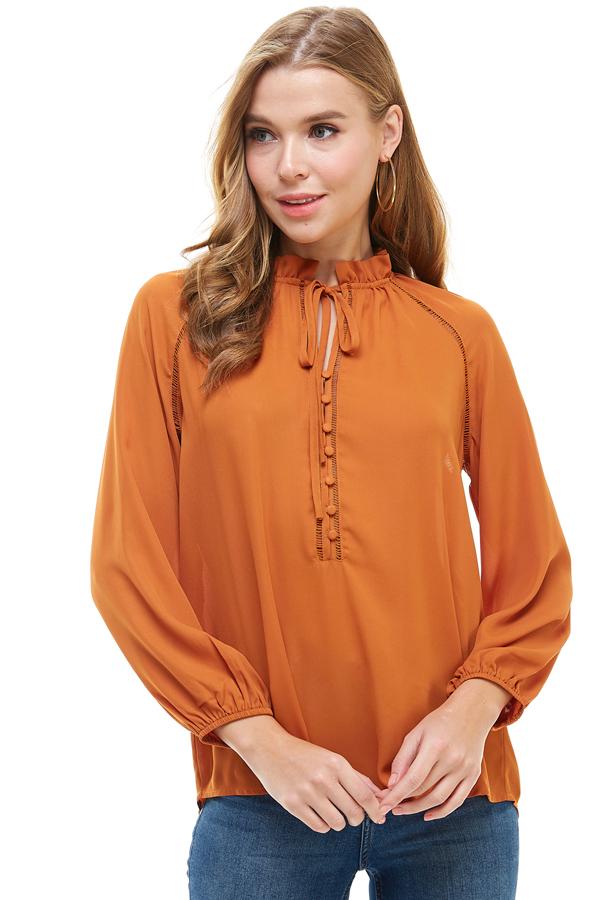 Lattice Trimmed Long Sleeves Tie Neck Blouse