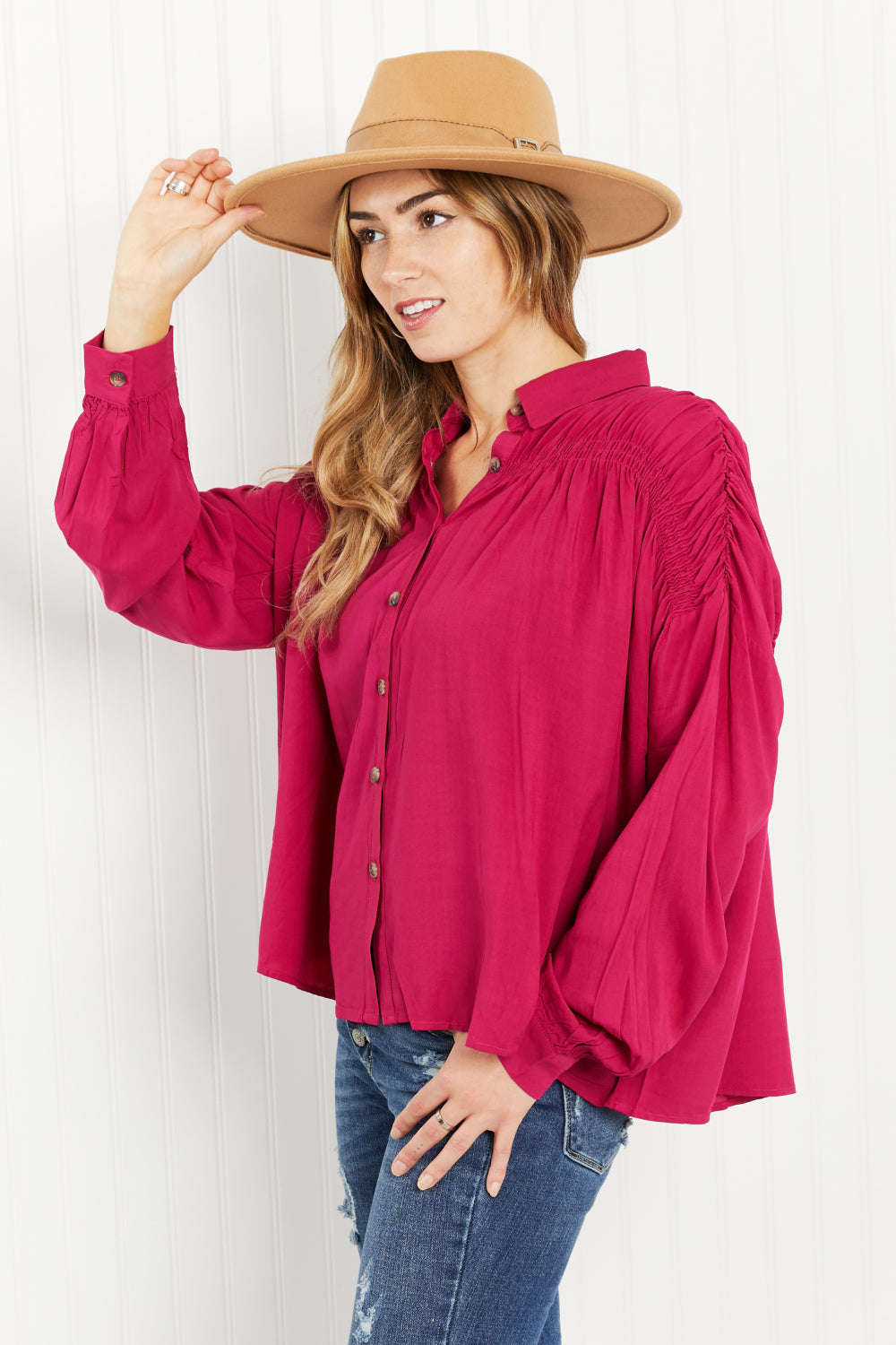 Delectable Taste Ruched Detail Button-Down Shirt