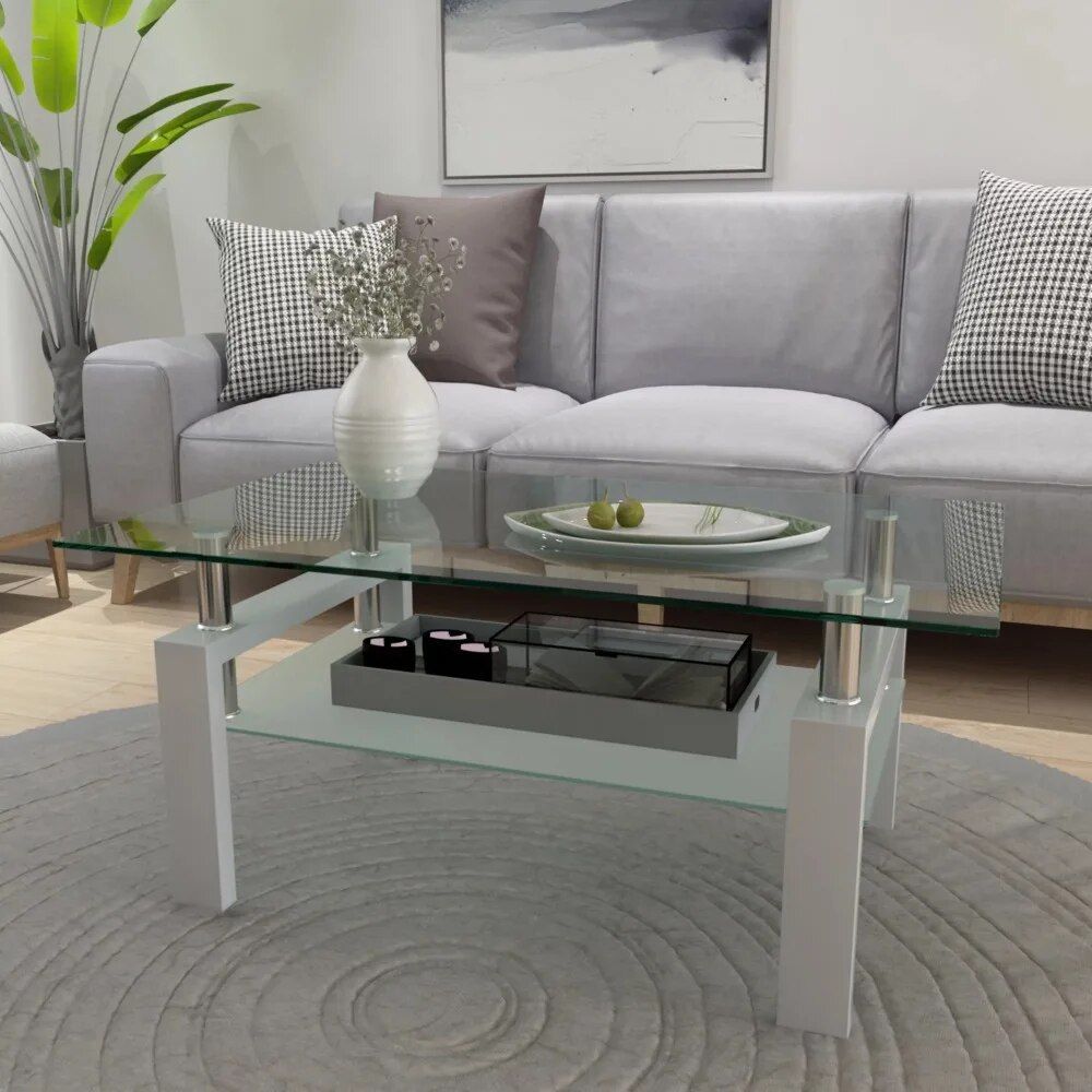 Elegant Rectangle Tempered Glass Coffee Table with Metal Legs