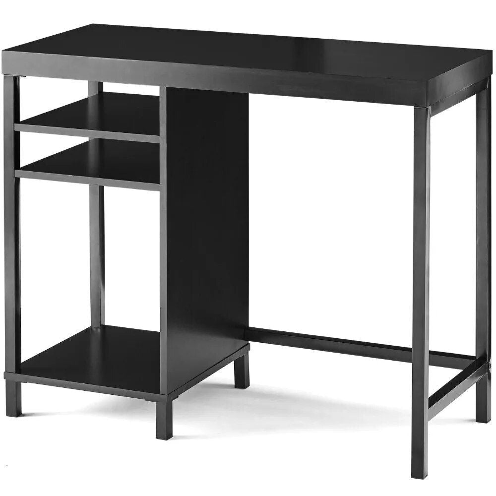 Modern Black Metal Frame Computer Desk with Cube Storage and Open Shelves