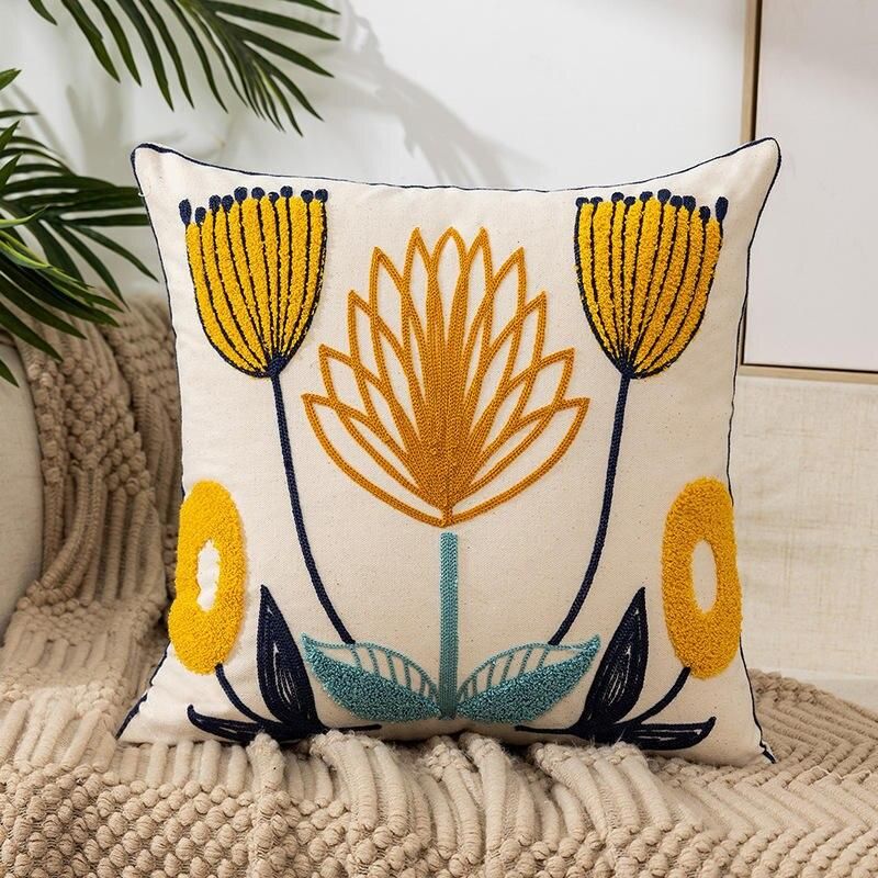 Embroidered Floral Canvas Cushion Cover