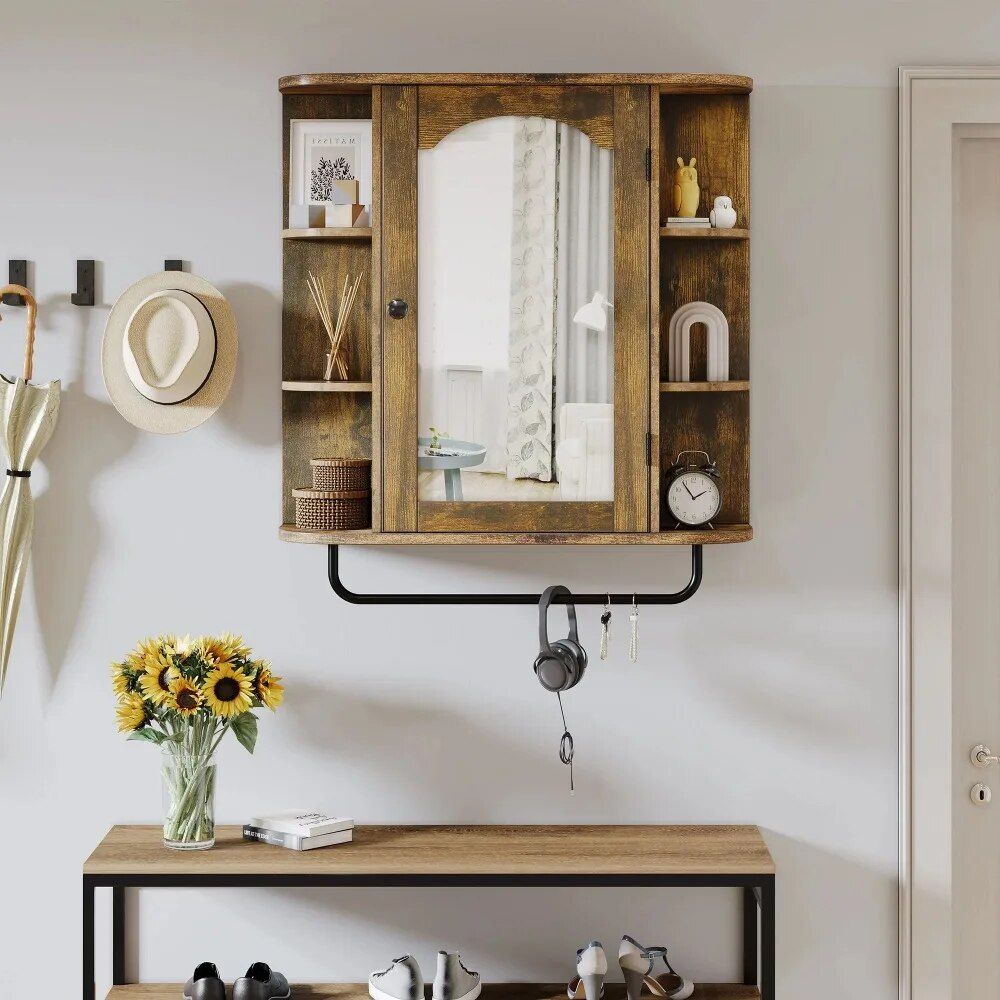 Wall-Mounted Brown Mirror Cabinet with Removable Shelf