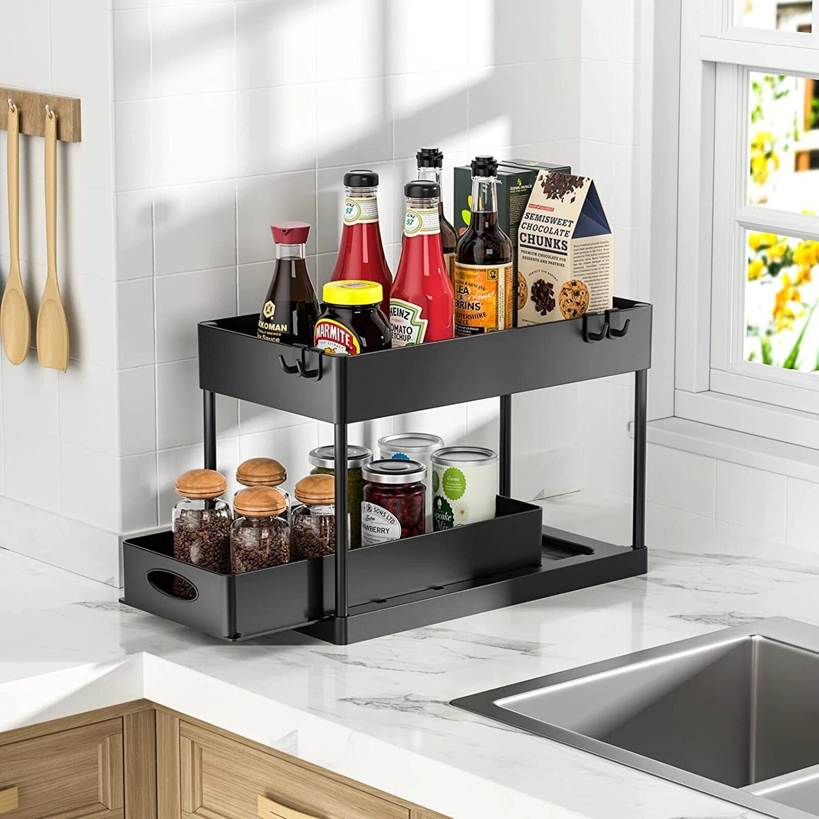 2-Tier Sliding Under-Sink Organizer - Multipurpose ABS Kitchen Storage Rack