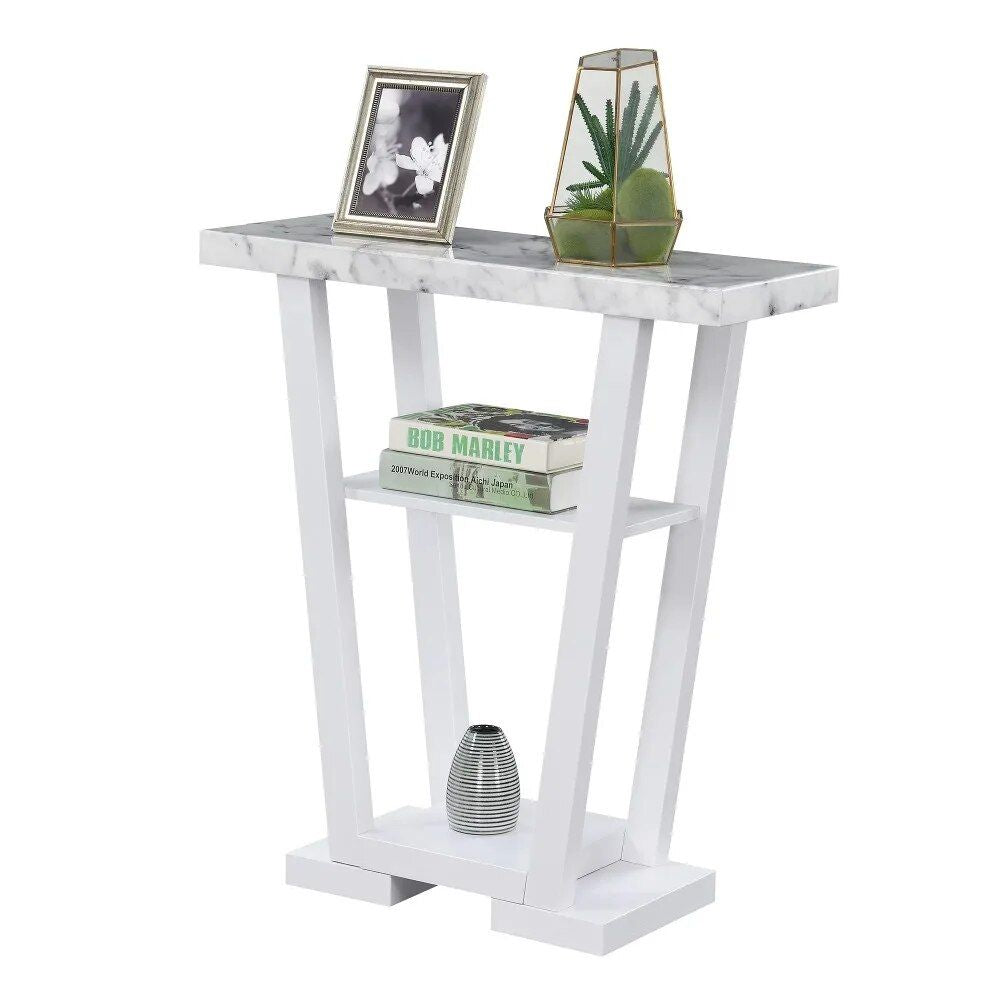 Modern White Faux Marble Console Table with Shelving