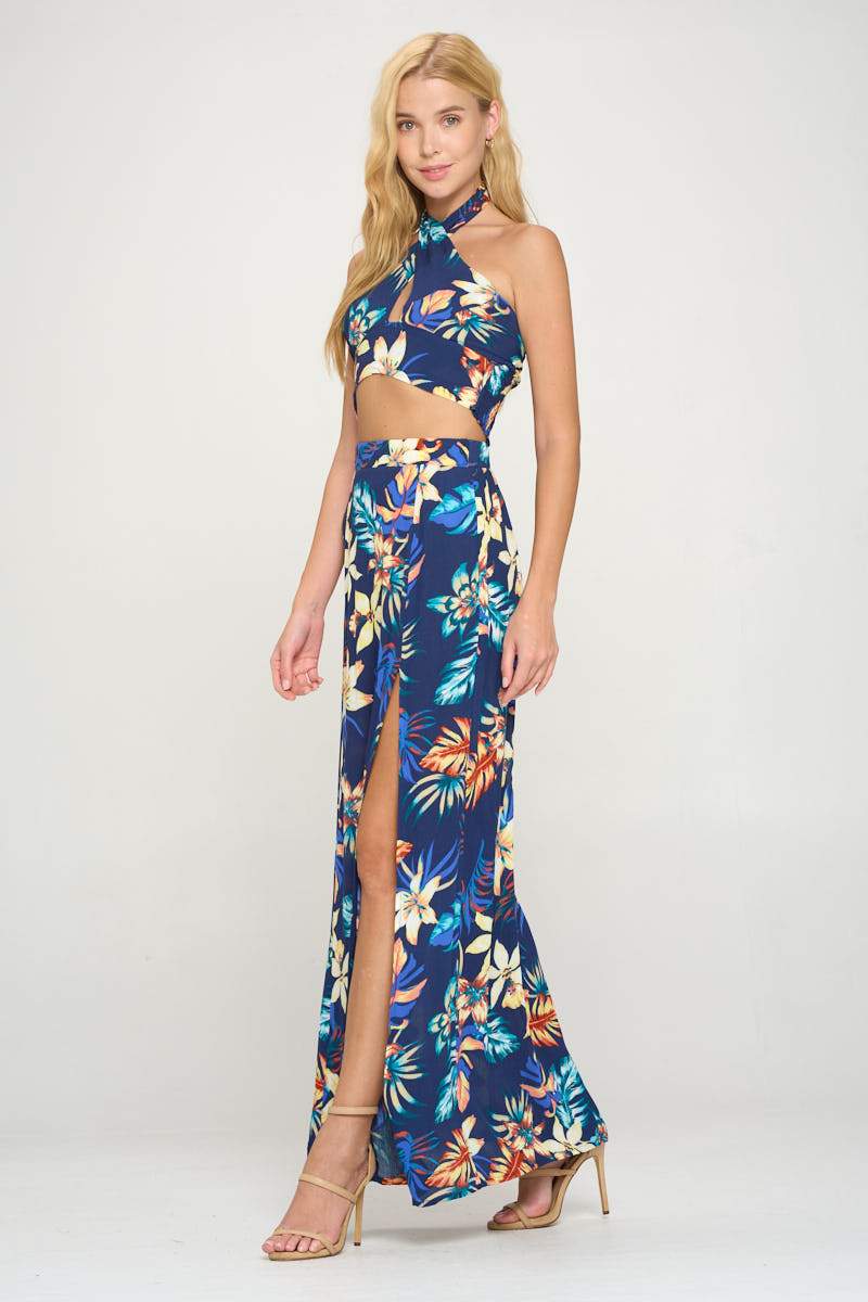 Halter Crop Top and Maxi Skirt Slit Set Tropical Printed