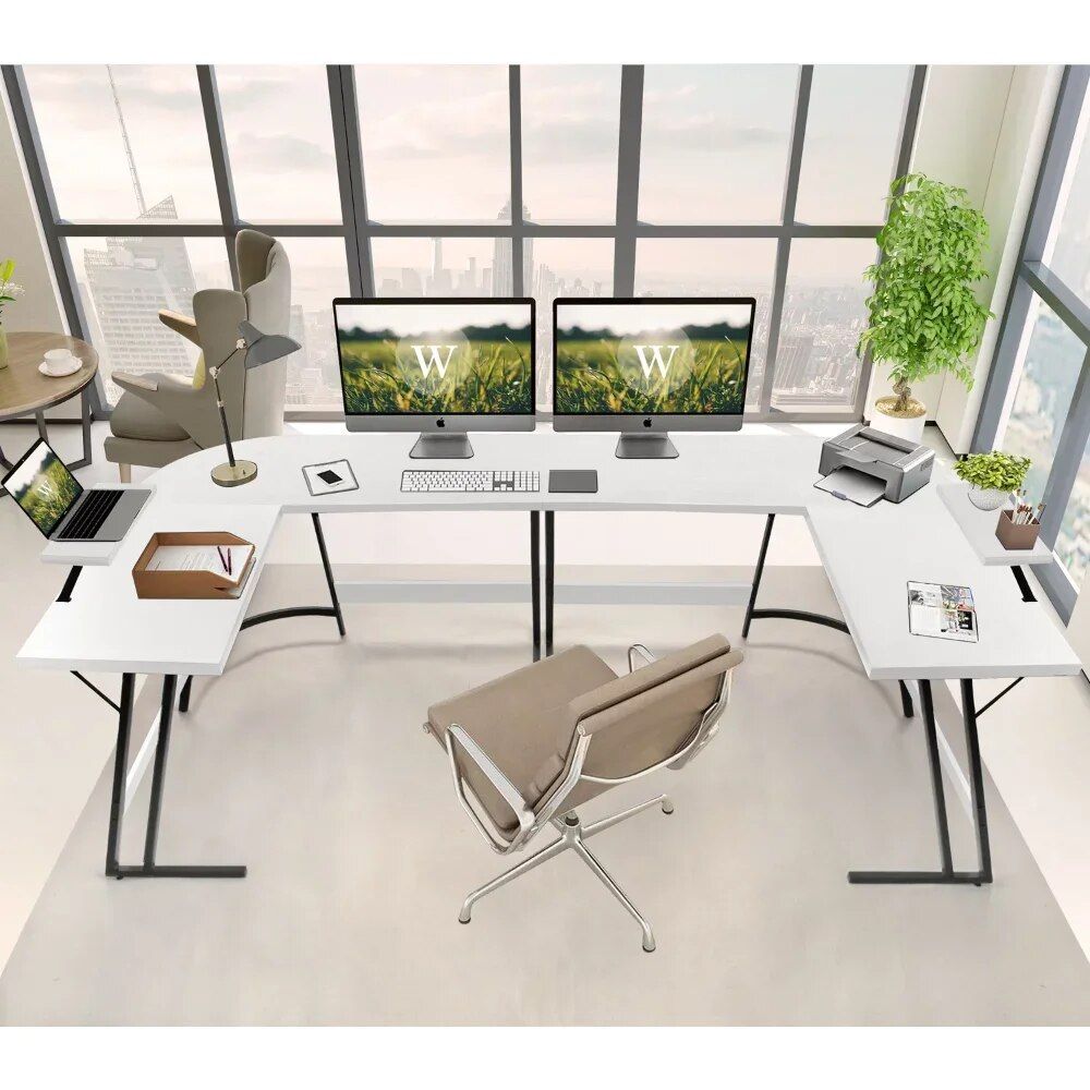 Sleek White L-Shape Home Office Computer Desk with Movable Monitor Stand