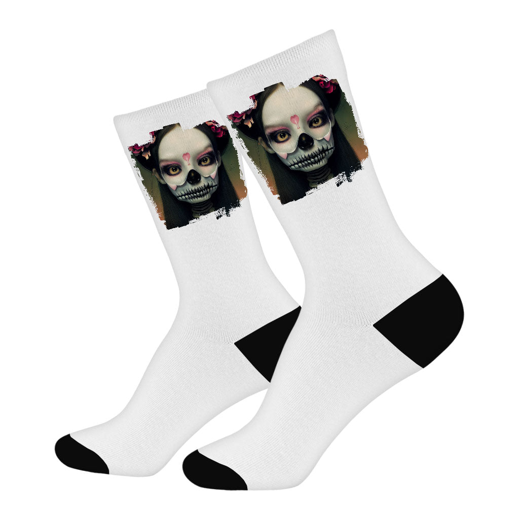 Skeleton Girl Socks - Gothic Novelty Socks - Artwork Crew Socks