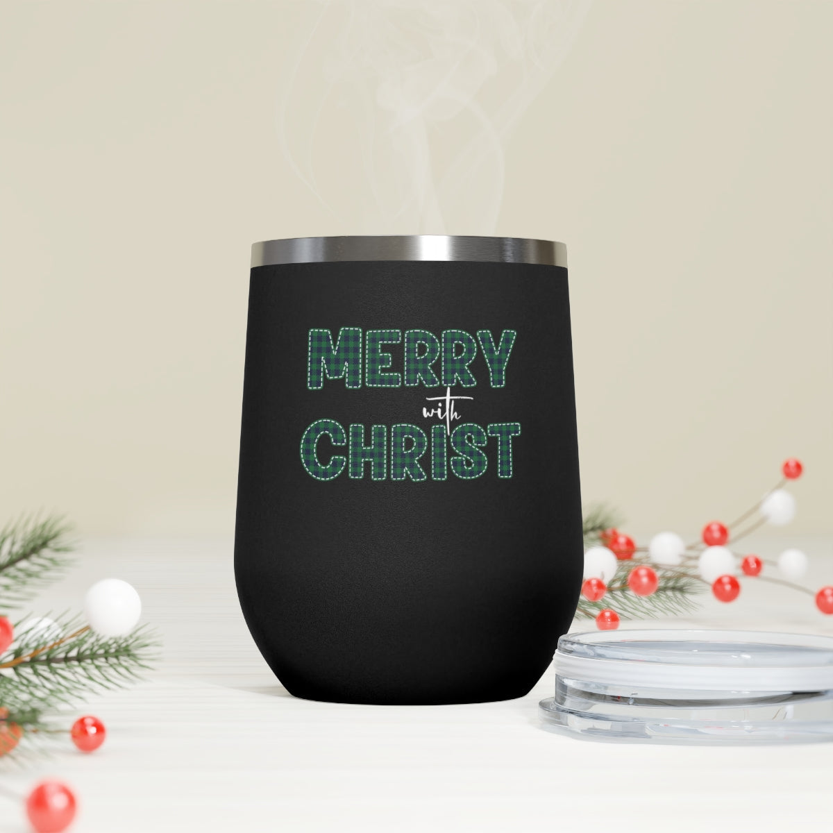 Insulatated Tumbler - 12oz, Merry With Christ, Green Plaid Christmas