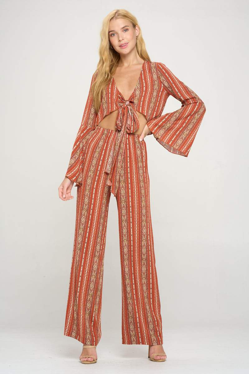 Cropped Boho Printed Bell Sleeved Cardigan And Palazzo Pant Set