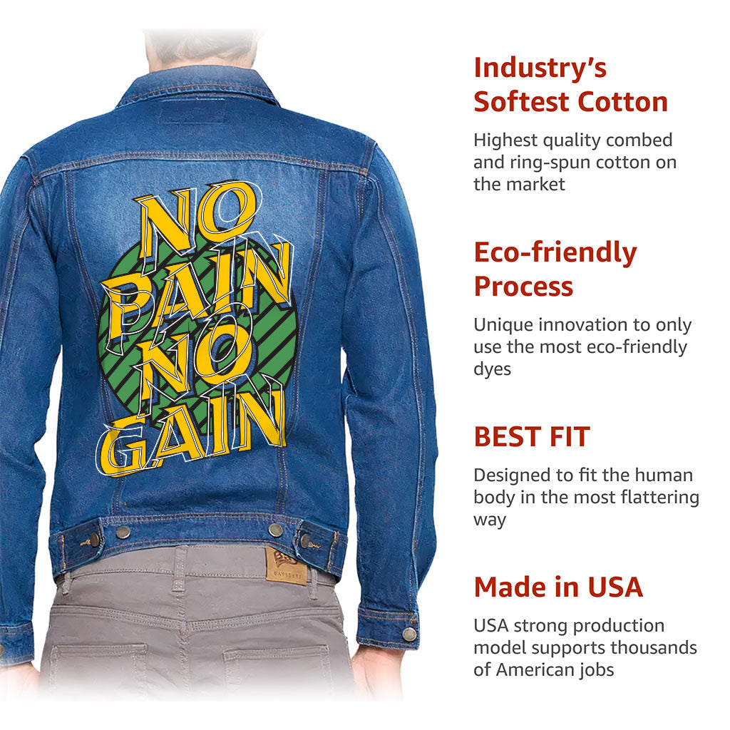 No Pain No Gain Dark Washed Men's Denim Jacket - Trendy Denim Jacket - Best Design Jacket for Men