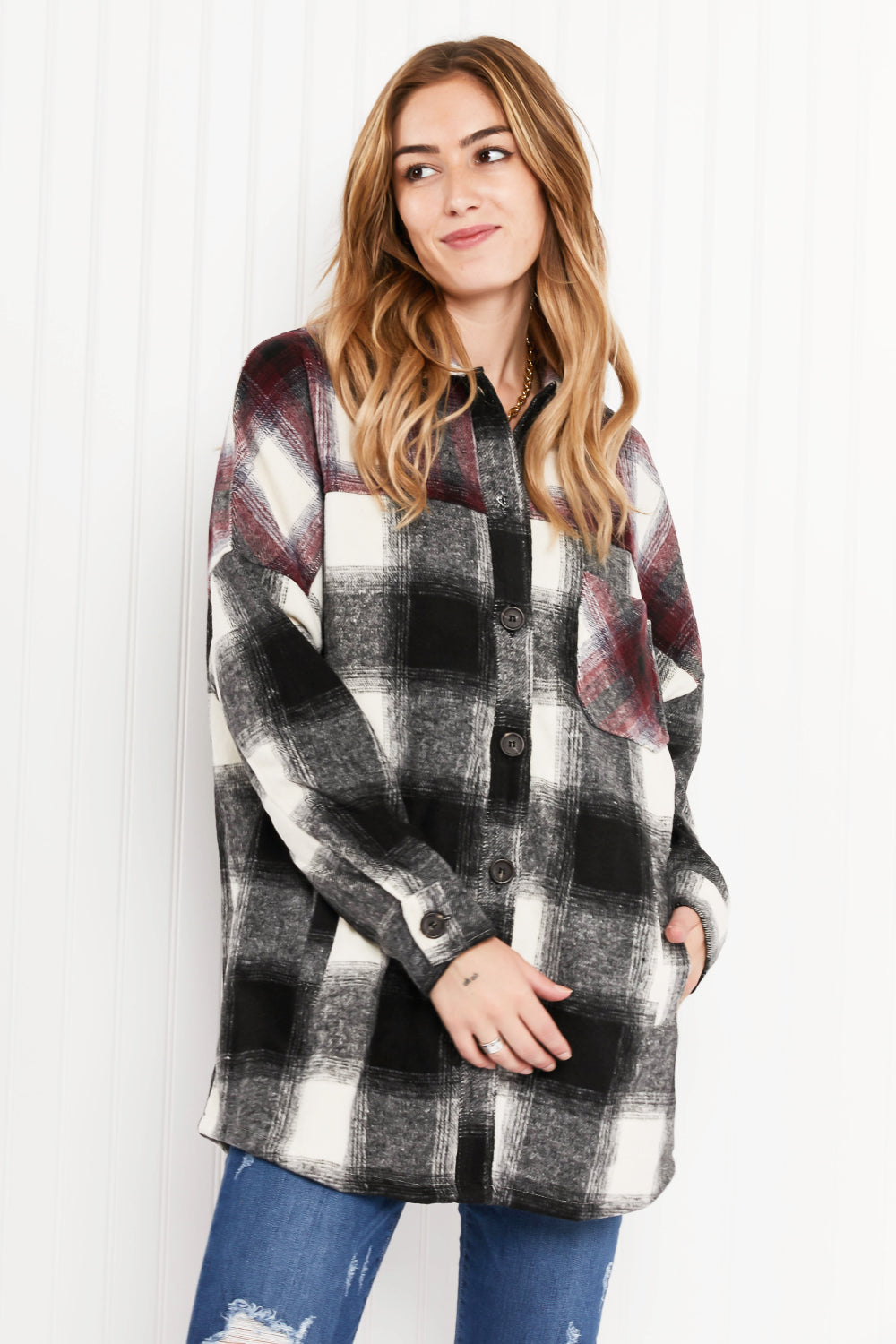 Colors of Autumn Plaid Shacket in Black/Burgundy