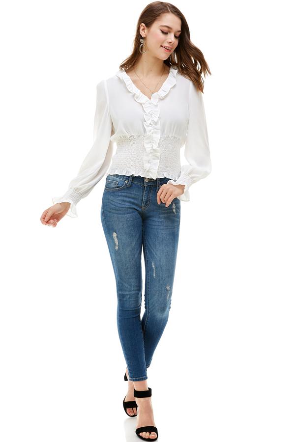 Ruffle Neck Smock Waist Long Sleeve Blouse