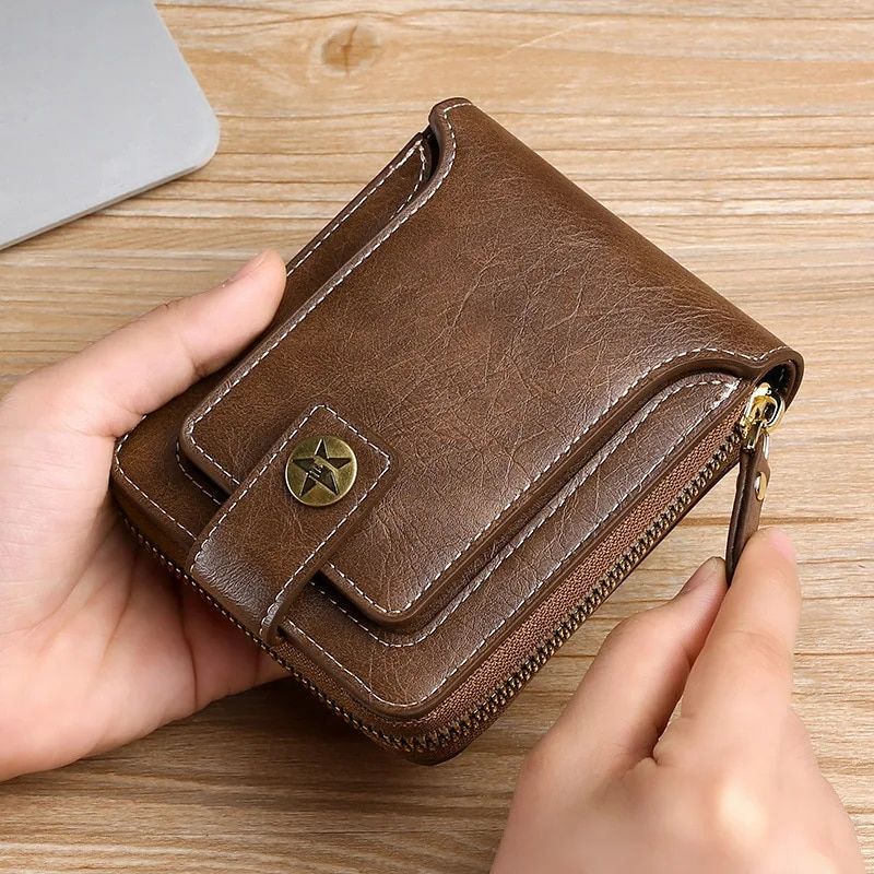 Classic Vintage Men's PU Leather Short Wallet with Zipper & Hasp Closure