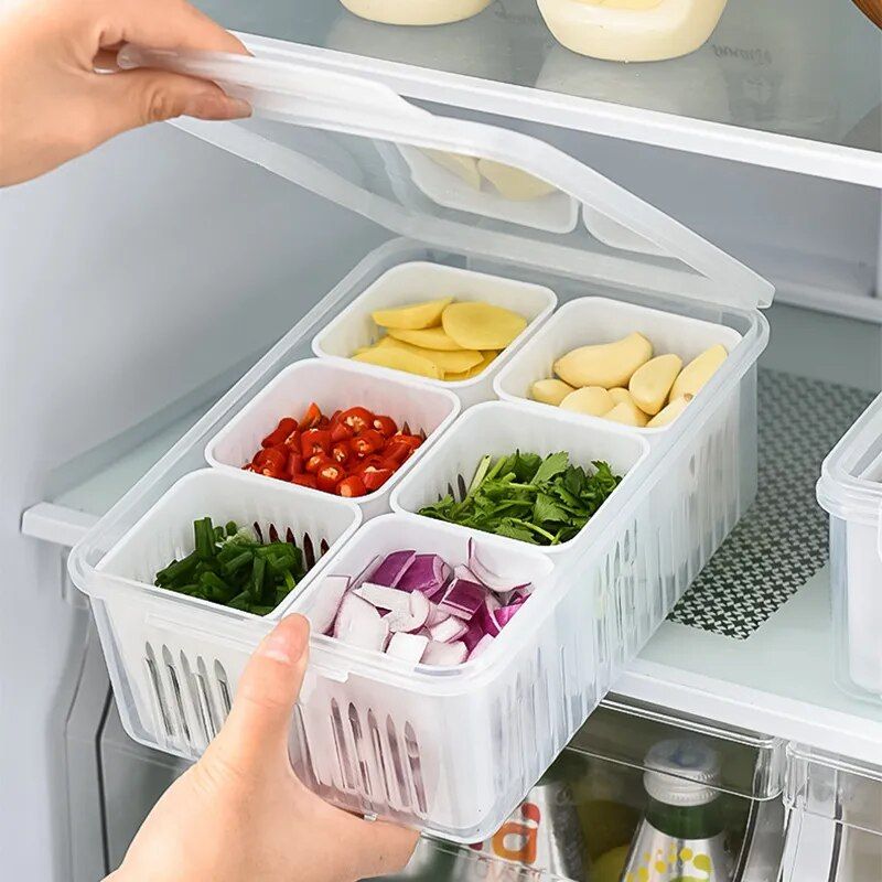 Multi-Grid Refrigerator Storage Box with Drain Basket