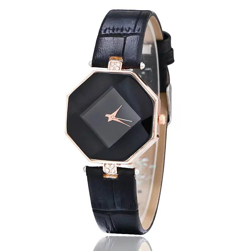 Elegant Gem Cut Geometry Crystal Leather Quartz Women's Watch