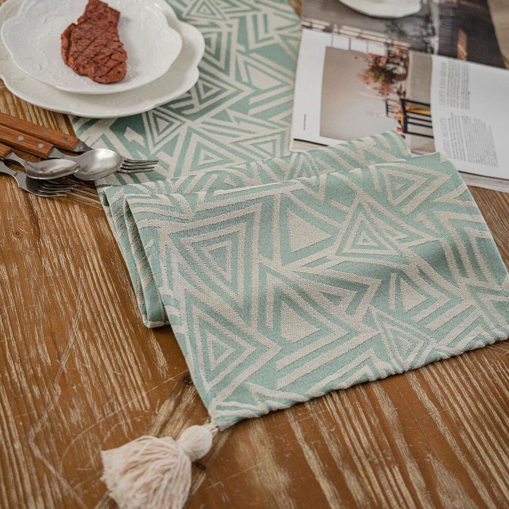 Elegant Nordic Jacquard Table Runner with Geometric Tassel Design