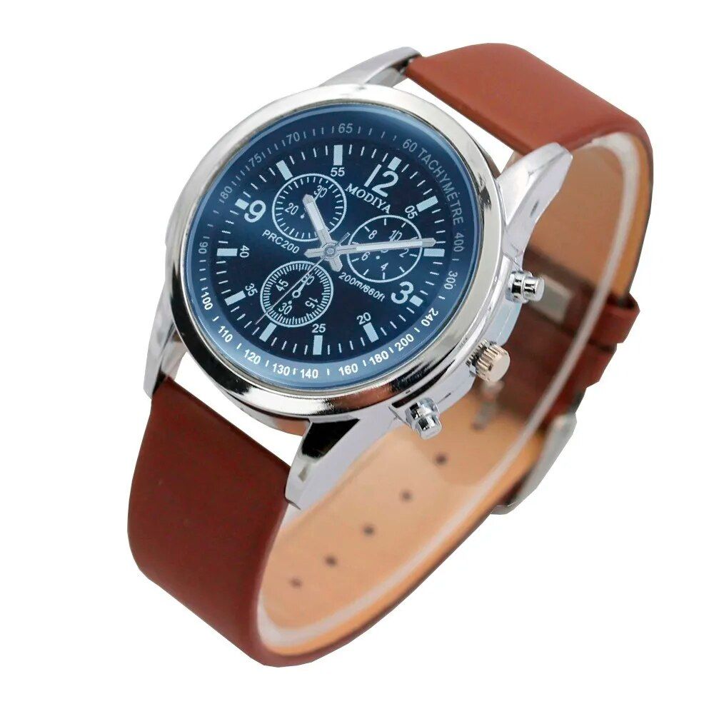 Elegant Quartz Men's Watch with Blue Glass and Leather Strap