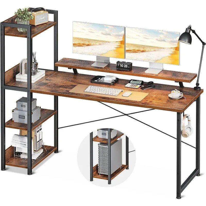 55 Inch Multi-Functional Computer Desk with Storage Shelves and Monitor Stand for Home Office