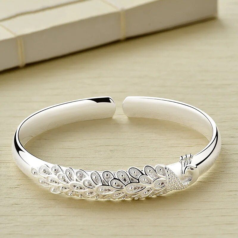 Vintage Peacock Cuff Bracelet - Antique Silver Plated Alloy for Women