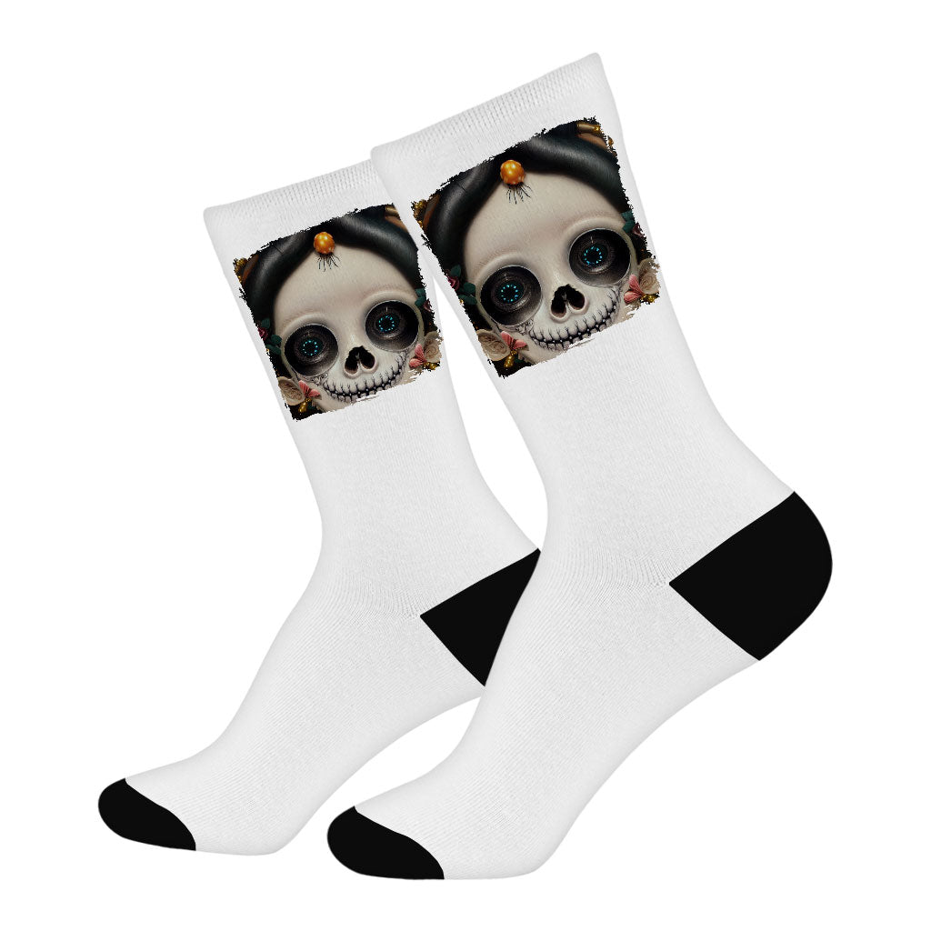 Sugar Skull Socks - Floral Novelty Socks - Skeleton Girl Crew Socks