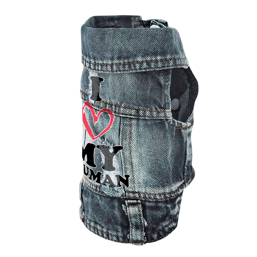 I Love My Human Dog Denim Vest - Text Design Dog Denim Jacket - Heart Dog Clothing