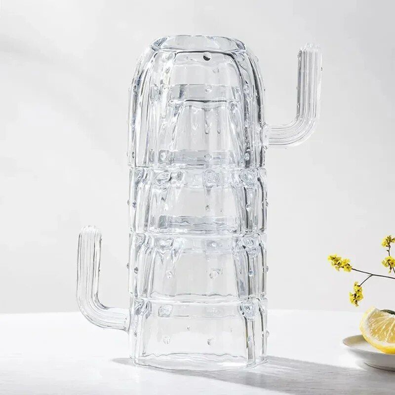 Cactus-Themed Stackable Glass Mug Set for Coffee, Tea & More