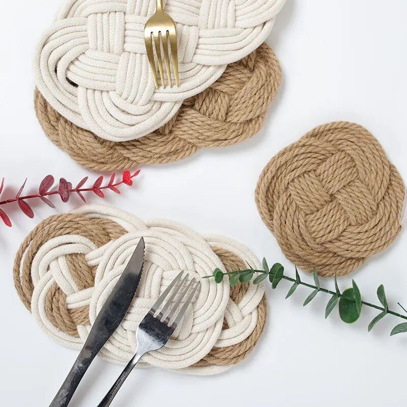 Handmade Woven Cotton & Jute Table Mat Set - Elegant Kitchen Decor