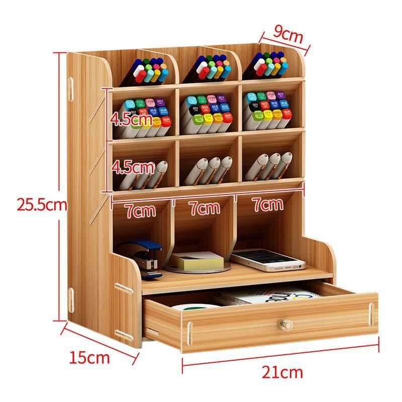 Elegant Wooden Desk Organizer with Pen Holder and Storage Box