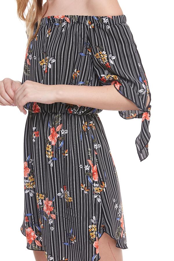 Floral Print Off Shoulder Tie Sleeve Dress