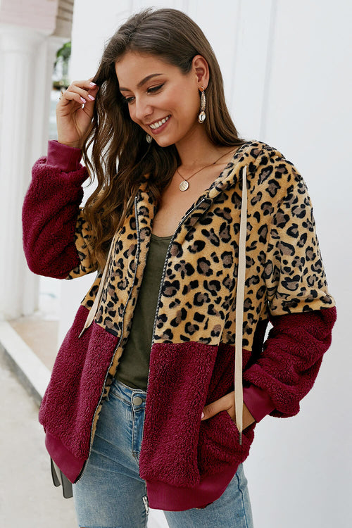 Leopard Color Block Zip Up Hooded Teddy Jacket